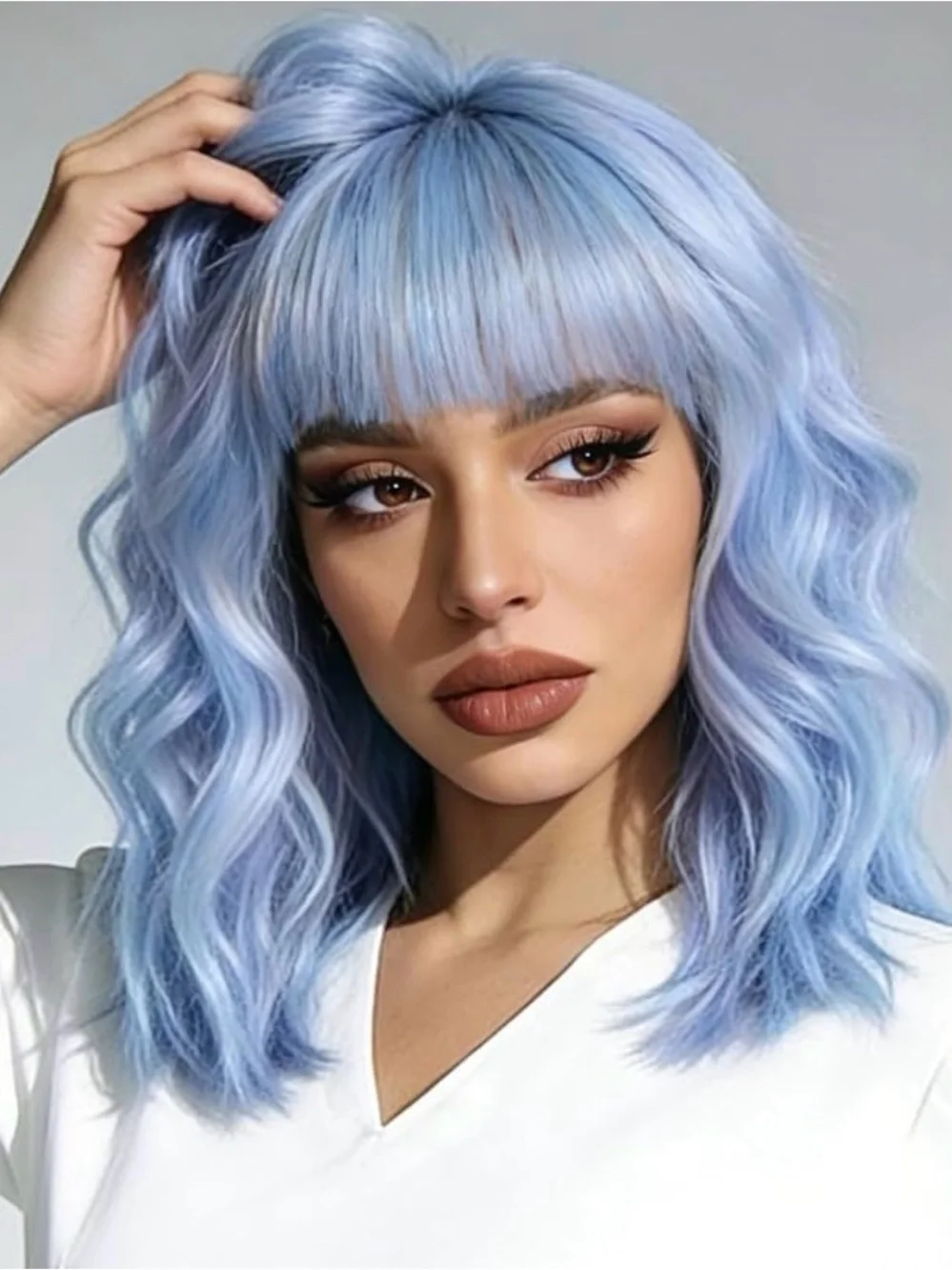 Light Blue Wavy Synthetic Wig with Bangs